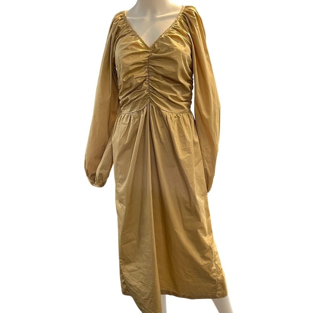 Jacquie The Label Dress Beige Ruched Bodice Maxi S Balloon Sleeve Earthy Boho